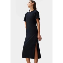Yazlık %pamuk Midi Elbise Eskitme Efektli ve Yırtmaçlı Konforlu Kesim Modern Stil