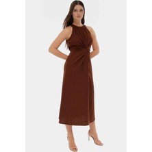 Rahat A Line Crinkle Dokuma Maxi Elbise  Polyester Halter Yaka Kaliteli Işçilik Trend Tasarım