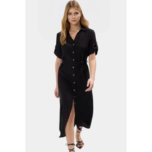 Kısa Kollu Kemerli Viskoz Elbise Dokuma Kumaş Midi Boy Şık Tasarım Kaliteli Işçilik