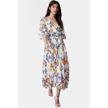 Rahat ve Şık Çok Etnik Desenli Viskoz Midi Elbise Kruvaze Yaka Premium Kalite Görünüm