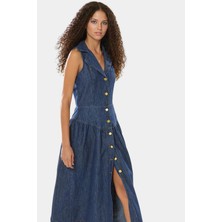 Pamuk Denim Midi Elbise Rahat Kalıp Gömlek Yaka Yazlık Özel Tasarım Zarifane