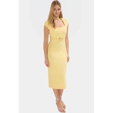 Bodycon Kesim Kısa Kollu Midi Elbise Dokuma Kemer Detaylı Iş Elbisesi Rahat Kullanım Uzun Ömürlü