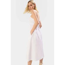 Pamuk Poplin Midi Elbise Belden Etekli Kare Yaka Kolsuz Giy Çık Rahat ve Şık Uzun Ömürlü