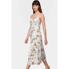 Rahat A Line Crinkle Dokuma Midi Elbise Çiçek Desenli Polyester Kaliteli Işçilik Modern Stil