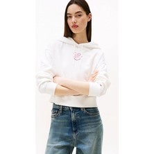 Kadın Relaxed Fit Sırtı Kalp Baskılı Cropped Sweatshirt - Ekru