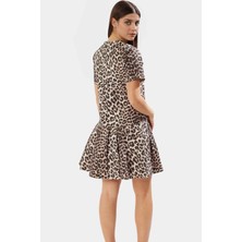 Pamuk Denim Mini Elbise Leopar Desenli Fırfırlı Etek Kısa Kollu Bodycon Zarifane Tasarım