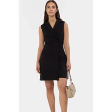 Iş Için Uygun Mini Elbise Polyester Dokuma Ceket Yaka Kolsuz Profesyonel Görünüm