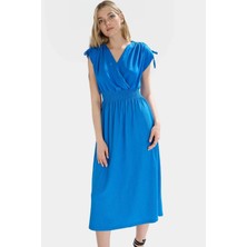 Desenli Midi Elbise Yazlık Rahat Polyester Kruvaze Beli Lastikli Kullanım