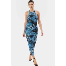 Bodycon Örme Maxi Elbise Leopar Desen Boyundan Bağlamalı Astarlı 130CM Boy Günlük Kullanım Için