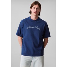Erkek Center Chain Stitch T-Shirt - Mavi