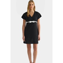 Yazlık Kısa Mini Elbise A Line V Yaka Fiyonklu Polyester Elastan Dokuma Kumaş Dayanıklı Malzeme