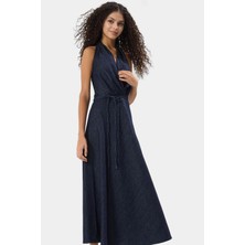 Pamuk Denim Maxi Elbise Şık Halter Yaka Volanlı Bağlama Detaylı Rahat Kullanım Trend Tasarım