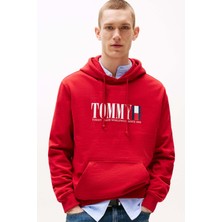 Erkek Regular Fit Kapüşonlu Grafik Logolu Sweatshirt - Kırmızı