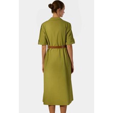 Rahat ve Şık Gömlek Elbise Pamuk Keten Karışımı Kemer Detaylı Midi Boy Kullanım