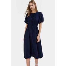 Şık Polyester Midi Elbise A Line Kesim Keten Görünümlü Dokuma Trend Tasarım