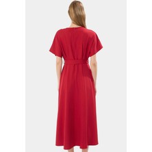 Şık Midi Elbise Finike Dokuma Polyester A Line Kesim Kemer Detaylı Seçkin Malzeme