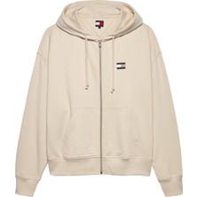 Erkek Cropped Fit Kapüşonlu Fermuarlı Sweatshirt - Krem