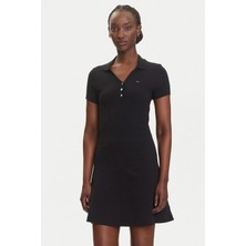 Kadın Polo Yaka Fit & Flare Kesim Fitilli Elbise - Siyah