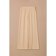 Kadın Elastik Bel Dökümlü Bol Paça Pantolon - Bej