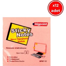 Bigpoint Yapışkanlı Not Kağıdı, 12 Adet, 75X75MM,NEON PEMBE,100 Yaprak