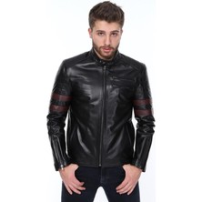 Deri Work Hakiki Deri Siyah Şeritli Fermuarlı Erkek Deri Ceket