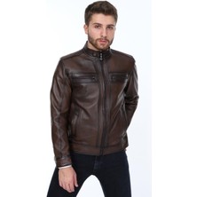 Deri Work Hakiki Deri Kahverengi Florida Fermuarlı Erkek Deri Ceket
