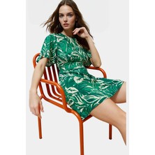 Tropikal Çiçekli A Kesim Viskon Mini Elbise Yazlık Günlük Kaliteli Işçilik Profesyonel Görünüm