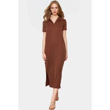 Kadın Midi Boy Örme Elbise Polo Yaka Günlük Şık Tasarım Rahat Kullanım Dayanıklı Malzeme