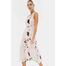 Maxi A Line Kolsuz Mat Saten Elbise Animal Desenli Yazlık Profesyonel Görünüm Konforlu Kesim