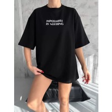 Tiana Unisex Bisiklet Yaka Baskılı Oversize T-Shirt - Siyah