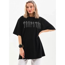 Tiana Unisex Taş Desenli Oversize T-Shirt - Siyah