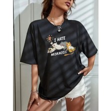 Tiana Bisiklet Yaka Baskılı Oversize T-Shirt - Siyah