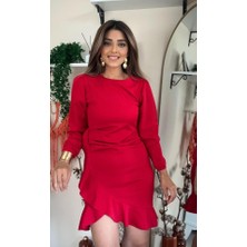 Tiana Kadın Uzun Kollu Bisiklet Yaka Önden Volanlı Ithal Krep Elbise