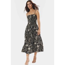 Yazlık Tropikal Desenli Viskoz Midi Elbise Kare Yaka Gipeli Özenle Seçilmiş Profesyonel Görünüm