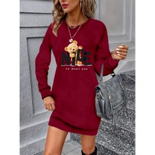 Tiana Kadın Uzun Kollu Bisiklet Yaka Ayı Desenli Viskon Iki Iplik Elbise