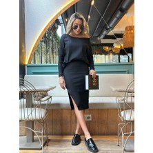 Tiana Kadın Uzun Kollu Düşük Omuz Yırtmaç Detay Kaşkorse Etek Bluz Ikili Takım