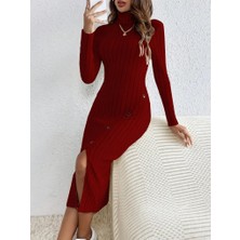 Tiana Kadın Uzun Kollu Balıkçı Yaka Yırtmaçlı Düğmeli Şardonlu Kaşkorse Elbise(Kemersiz)