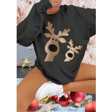 Tiana Kadın Yılbaşı Özel Uzun Kollu Bisiklet Yaka Geyik Desenli Viskon Iki Iplik Bluz