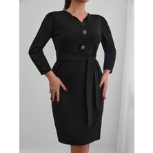 Tiana Kadın Uzun Kollu Düğme Detaylı Kendinden Kemerli Ithal Krep Elbise