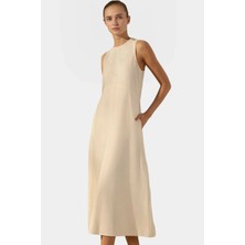 Yazlık Midi Keten Karışımlı Elbise Dikiş Detaylı Shift Kalıp Premium Kalite