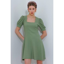 Tiana Çağla Yeşili Kare Yaka Örme Mini Elbise