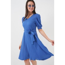 Tiana 2370 Kuşaklı Örme Elbise - Saks