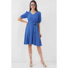 Tiana 2370 Kuşaklı Örme Elbise - Saks