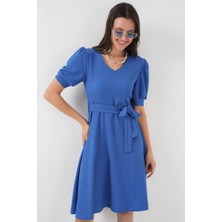 Tiana 2370 Kuşaklı Örme Elbise - Saks