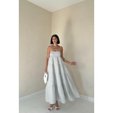 Tiana Mavi Askılı Parçalı Çizgili Müslin Elbise