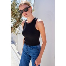 Tiana 917 Bisiklet Yaka Fitilli Kolsuz Bluz - Siyah