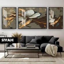 Harikabirev|siyah&gold Set Çiçek Kombini (Artıstıc)|çerçeveli Temperli Cam Tablo 3lü Yatay