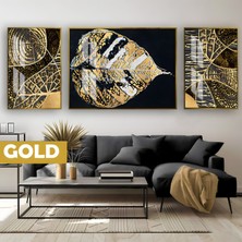 Harikabirev|siyah&gold Set Etnik Desenli Yaprak Modeli|çerçeveli Temperli Cam Tablo 3lü Yatay
