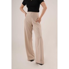 Tiana Bol Paça Yandan Fermuarlı Krem Kumaş Pantolon