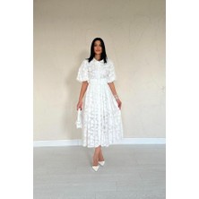 Tiana Ekru Kemerli Balon Kollu Elbise